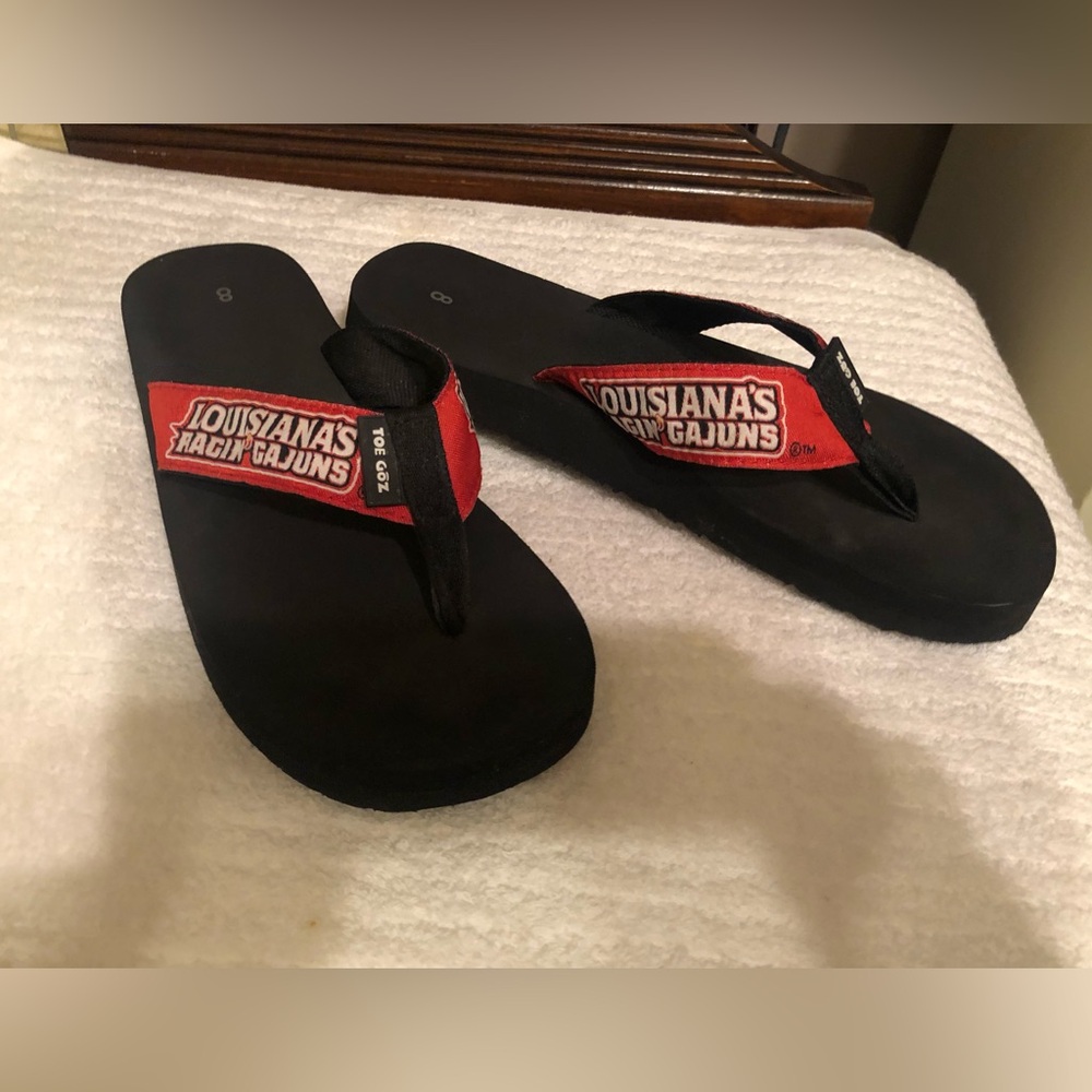 Louisiana’s Ragin Cajun, Red and Black Flip Flops